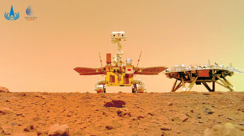 selfie image taken by the Zhurong rover on the surface of Mars with its landing platform