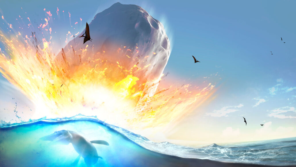 An illustration of a huge asteroid crashing into ocean. An ancient sea creature is visible under the water
