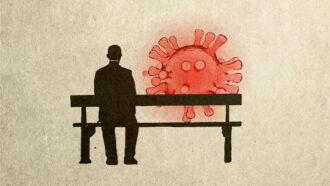 Black silhouette of a man on a parkbench with an illustration of a pink coronavirussen seated next to him.