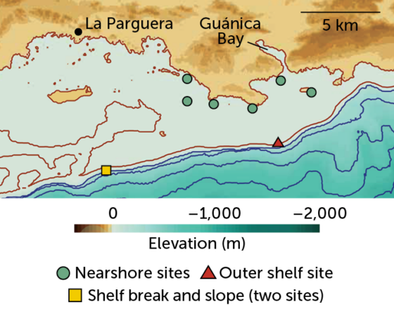A map of the coast of Puerto Rico around La Parguera and Guánica Bay shows six near shore study sites indicated by green circles, an outer shelf site indicated by a red triangle, and two sites at the shelf break and slope indicated by one yellow square.