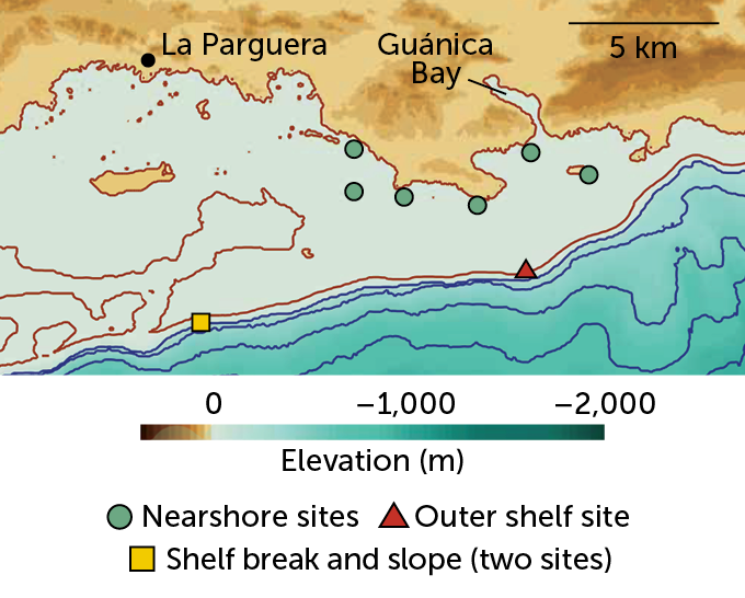 A map of the coast of Puerto Rico around La Parguera and Guánica Bay shows six near shore study sites indicated by green circles, an outer shelf site indicated by a red triangle, and two sites at the shelf break and slope indicated by one yellow square.