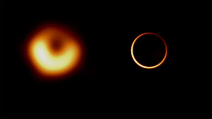 Two side-by-side images of the supermassive black hole in the galaxy M87, both taken by the Event Horizon Telescope EHT. The left image looks like a luminous blurry donut. On the right is a more recent image that isolates a circular feature of the black hole’s emission and resembles a thin ring.