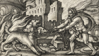 An engraving of Hercules capturing the three-headed dog Cerberus with a rope around its neck amidst mysterious flames