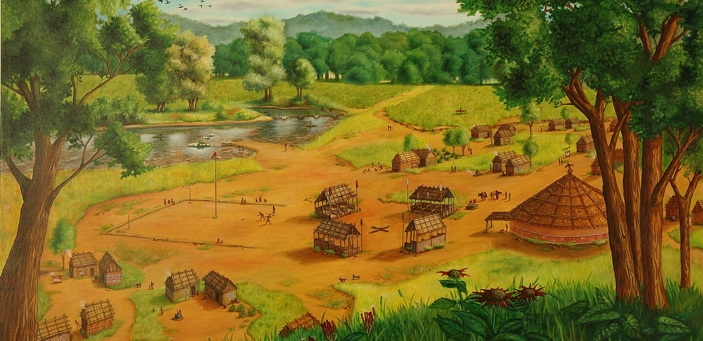 A painting of a Muscogee (Creek) village in the 1790s shows a circular council house next to four clan structures positioned around a square. The village is on the banks of a pond and surrounded by trees.