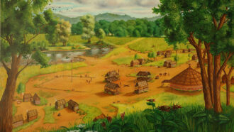 A painting of a Muscogee (Creek) village in the 1790s shows a circular council house next to four clan structures positioned around a square. The village is on the banks of a pond and surrounded by trees.