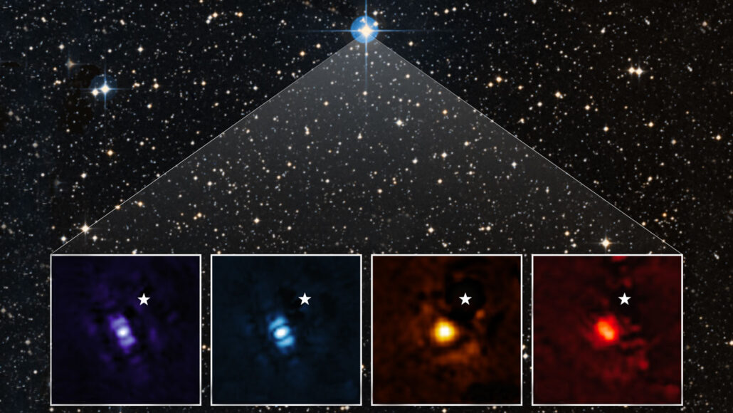 wide image of Exoplanet HIP 65426 b with four insets showing how the planet looks in different wavelengths of light (purple, blue, yellow, and red)