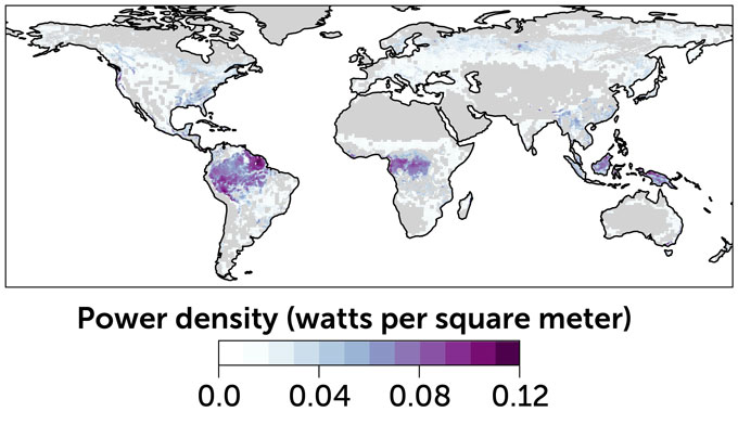 heat map showing total power used by plants to suck up sap with the highest numbers (in South America, Central Africa and Indonesia) shown in purple