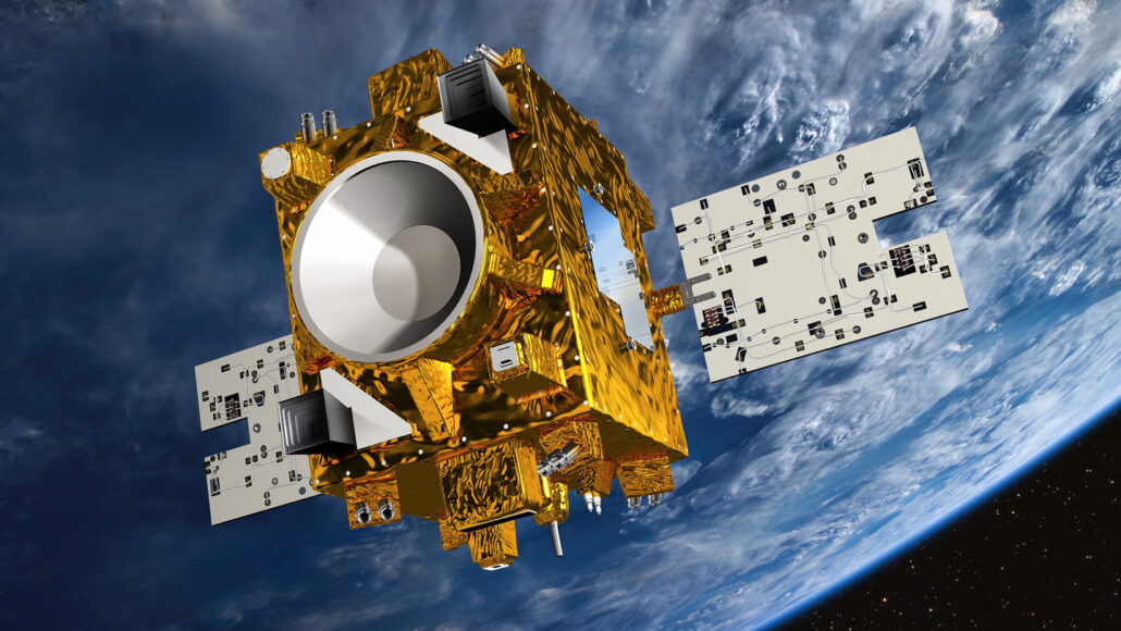 illustration of the orbiting MICROSCOPE experiment satellite with earth in the background