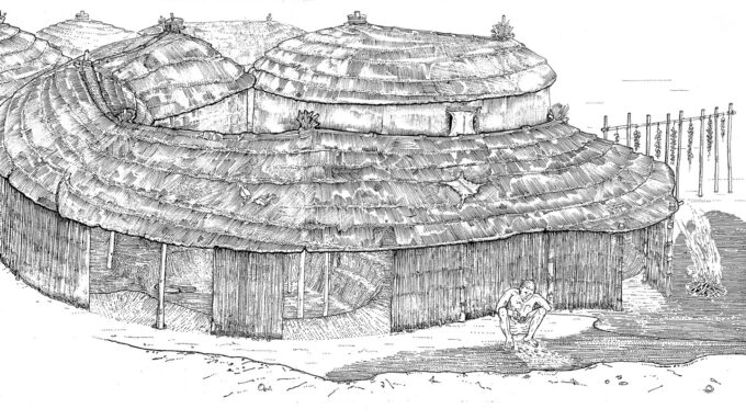 black and white illustration of buildings at the ancient settlement Abu Hureyra