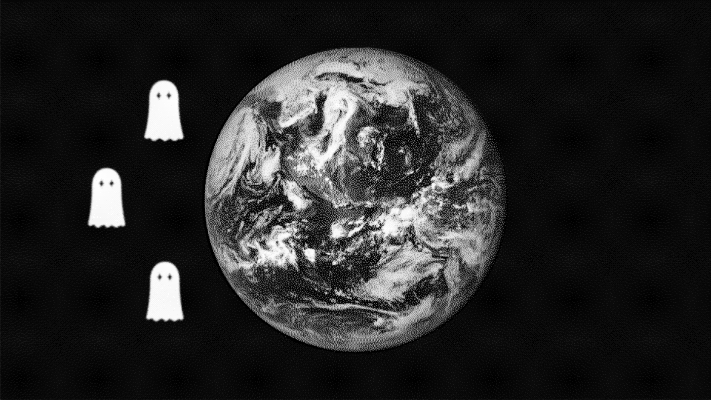 a black and white animation in which ghosts representing neutrinos pass through the earth