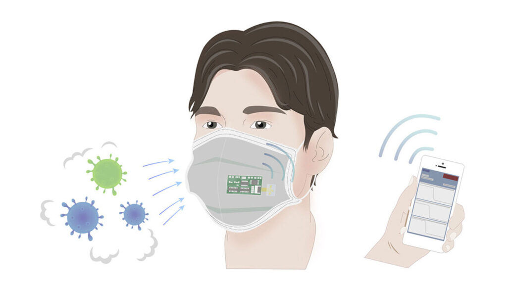 illustration that shows a man wearing a face mask that contains a sensor, virus particles with arrows pointing to the mask, and a cell phone receiving a signal