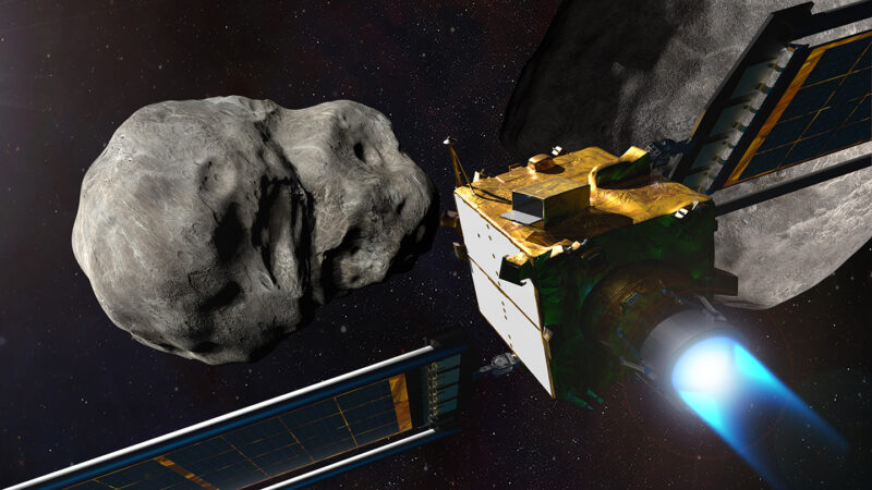 an illustration of NASA's DART spacecraft flying straight into the asteroid Dimorpohos, with engines still active