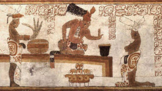 painting on the side of a Maya vase that depicts a ruler speaking to a kneeling attendant while tamales are prepared