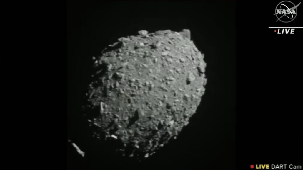The asteroid moonlet Dimorphos, taken by DART just seconds before the spacecraft smashed into it.