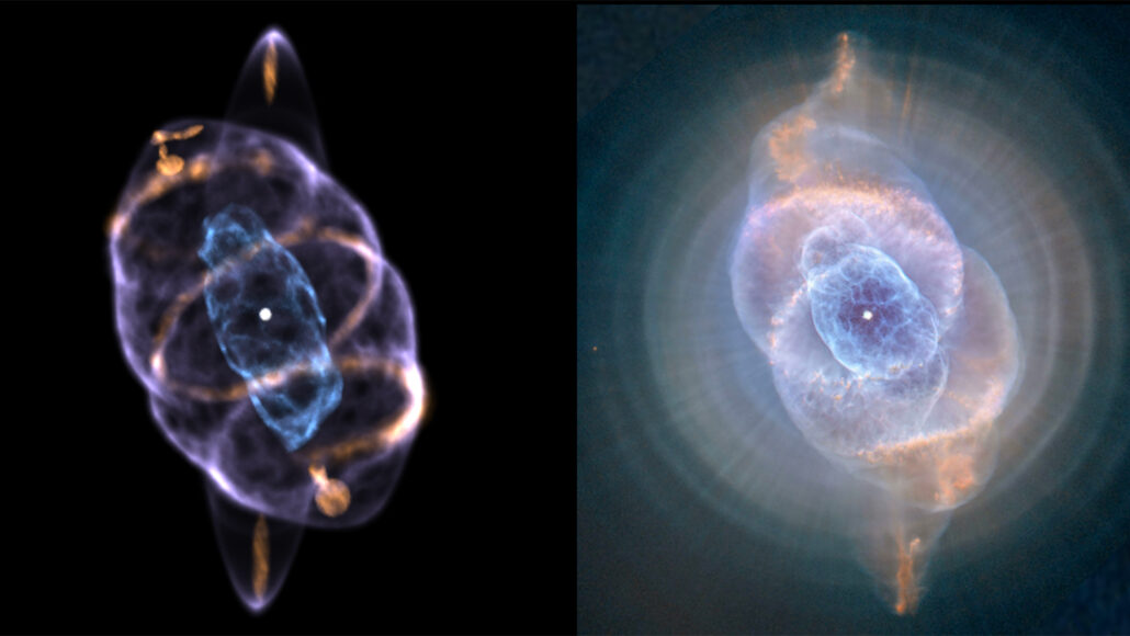 a 3-D visualization of the Cat’s Eye nebula next to a Hubble image of the nebula