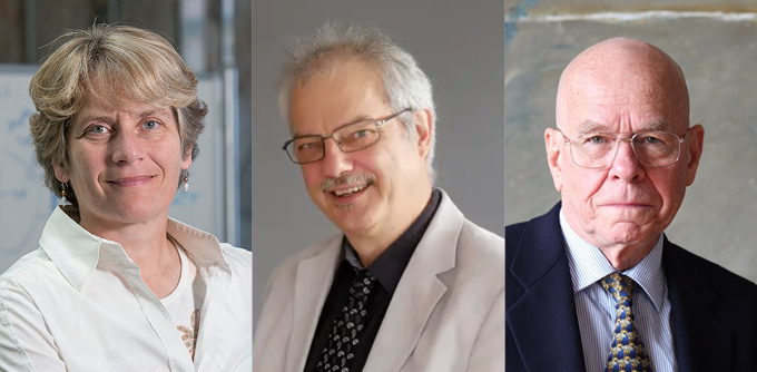 Three side-by-side portraits show, respectively, Nobel chemists Carolyn Bertozzi, Morten Meldal and Barry Sharpless who won the 2022 award for pioneering click chemistry.