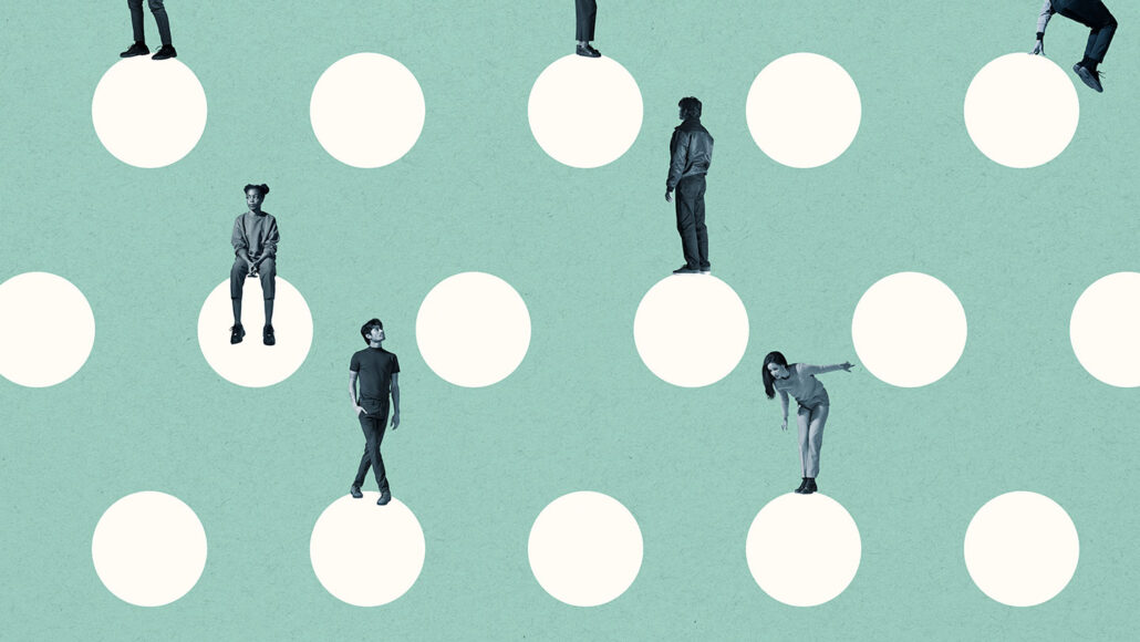 an illustration with young adults in various poses standing on white circles against a teal backdrop