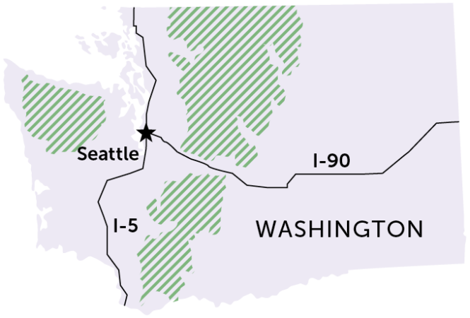 map of Washington State showing three forests where fishers are being reintroduced (the Olympic Peninsula west of Seattle and the North and South Cascades mountains)