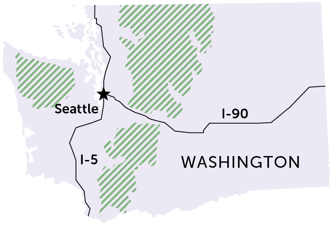 map of Washington State showing three forests where fishers are being reintroduced (the Olympic Peninsula west of Seattle and the North and South Cascades mountains)