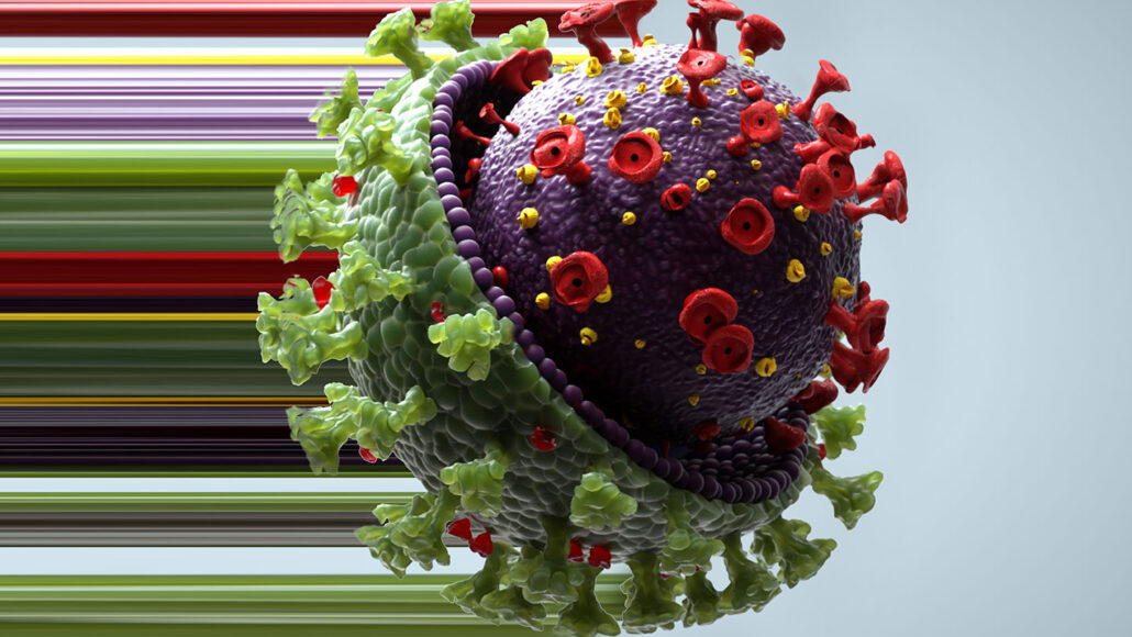 An illustration of a large green coronavirus, with a purple and red coronavirus breaking through the right half of the larger virus. The backdrop is multicolored scan lines on the left half and plain gray on the right