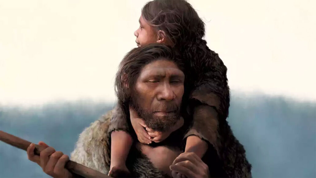 An illustration of a Siberian Neandertal father carrying his young daughter on his shoulders.