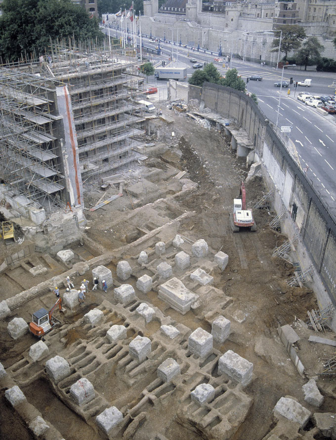 excavation of a plague burial site amid a construction site in London