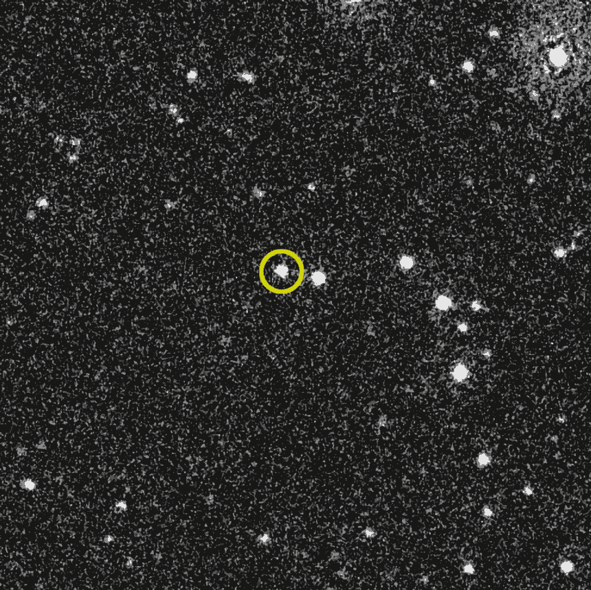 A gif of a gamma ray burst, circled in yellow, becoming bright and then dimming
