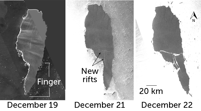 Three photos of Iceberg A68a, the first on December 19 with the large "finger" section still attached to the main body. In the center image from December 21, two cracks from a "T" shape along the bottom third of the iceberg. The final image from December 22 shows the "finger" section breaking away from the main iceberg in several sections.