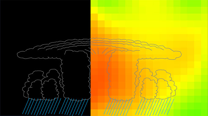 An illustration of pressures inside a storm, with low-pressure regions in the center of the storm and a darker section on the left which was outside of the viewing angle of the muon detector