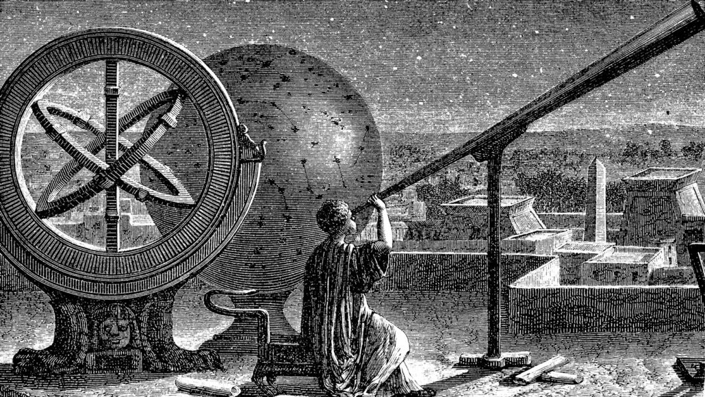 An illustration of Ancient Greek astronomer Hipparchus looking through a telescope at the night sky.