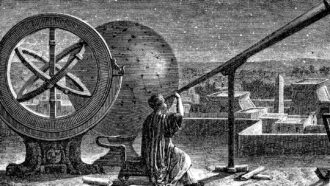 An illustration of Ancient Greek astronomer Hipparchus looking through a telescope at the night sky.