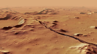 Mars' Cerberus Fossae region, seen as a barren landscape with a prominent fault line running through it