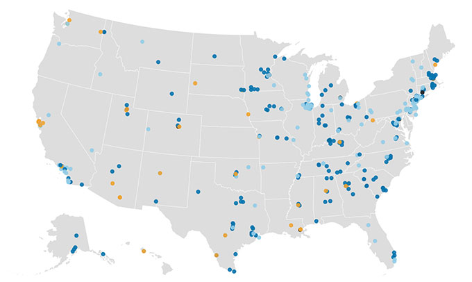 screenshot of an interactive map showing long covid clinics across the United States