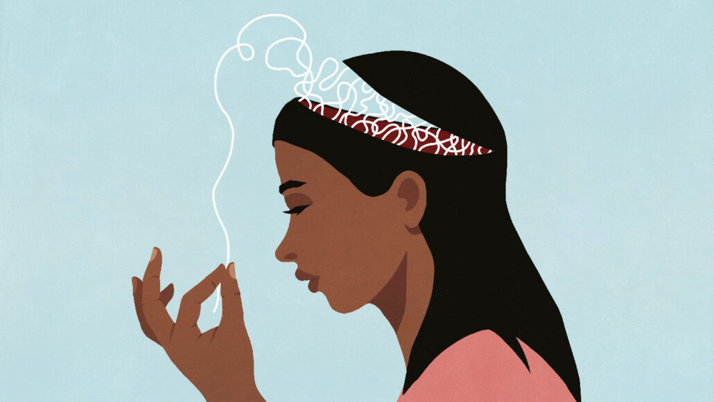 An illustration of a woman with the top of her appearing to open on a hinge and her pull a thin white string out of a tangled collection of string where her brain would be