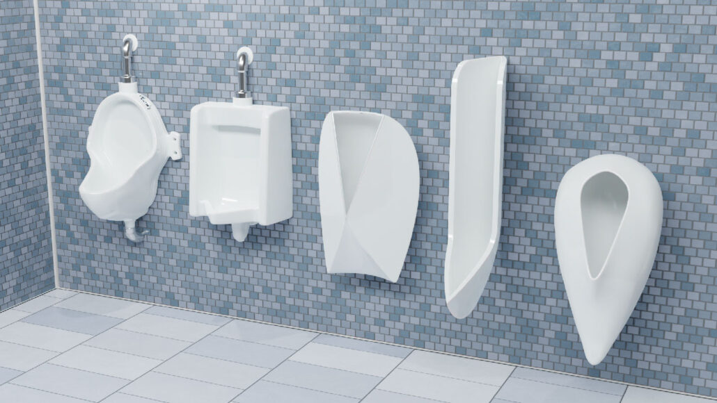 5 urinals, of different styles, mounted on a blue tiled wall