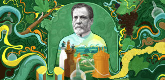 A photo of Louis Pasteur's head surrounded by illustrations of scientific equipment, leaves, and swirls