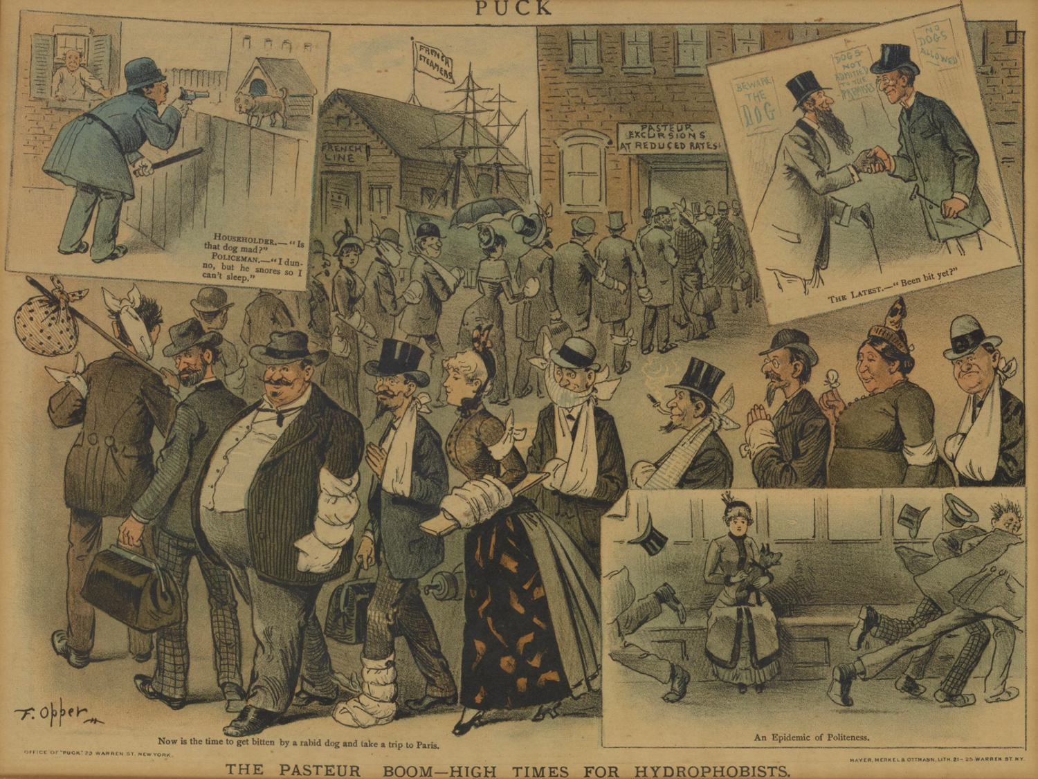 Una caricatura de la revista Puck en 1885 que muestra personas en una fila para la vacuna contra la rabia de Louis Pasteur.