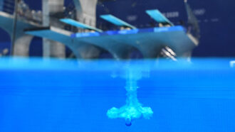 An underwater photo of a diver after entering the water with diving boards visible above the water line