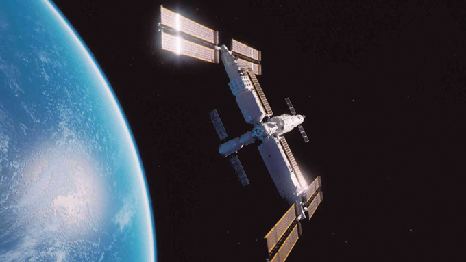 illustration of China’s Tiangong space station with earth in the background