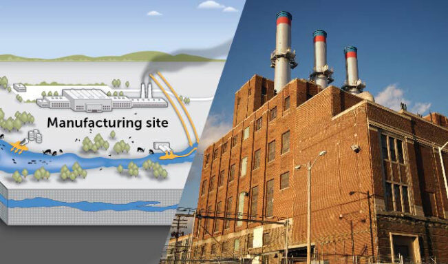 composite showing an illustration of a manufacturing site and a photo of a factory