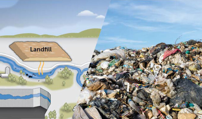 composite of a landfill leaching chemicals into a river and a photo of a pile of trash at a landfill