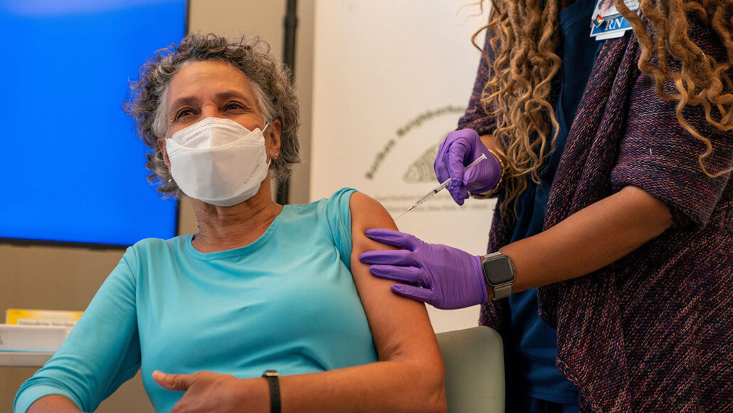 A photo of Mary Bassett, New York state’s Commissioner of Health, receiving a COVID-19 booster shot.