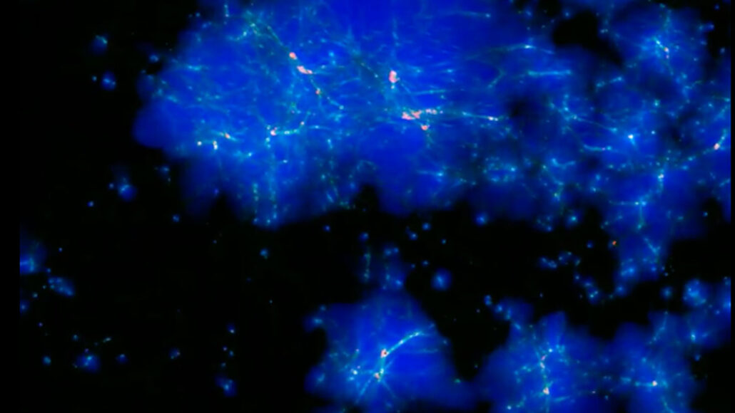 a snapshot of a computer simulation of the early universe, showing radiation as blue clouds emanating from dense filaments of stars and galaxies (shown as white specks)
