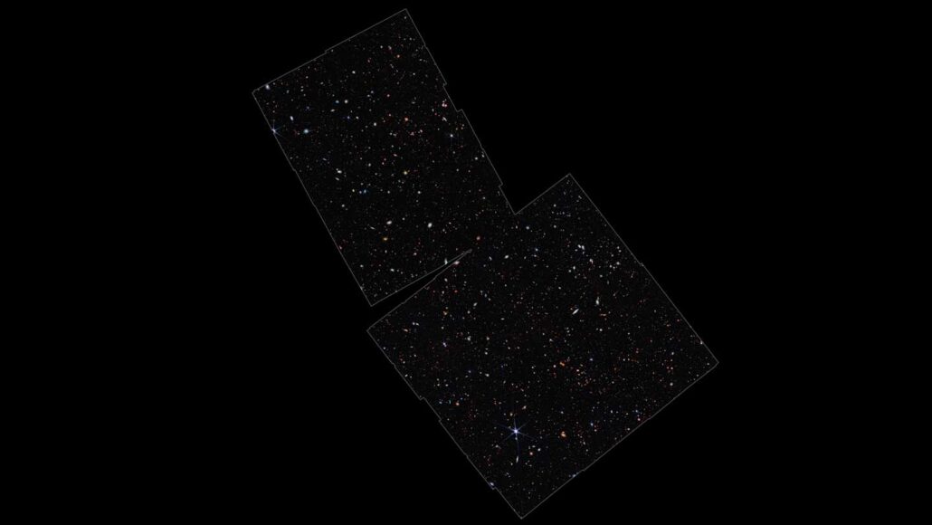 Regions of sky, shown as rectangles, observed by JWST, against a black backdrop