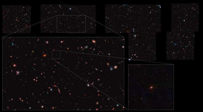 multiple regions of sky in boxes. One of the insets zooms in on a reddish dot which represents Maisie's Galaxy