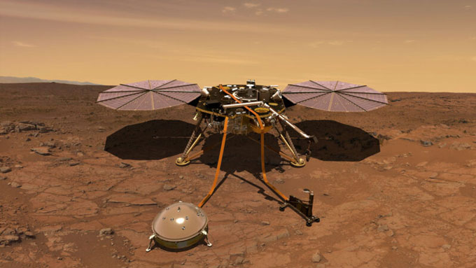 Een artistieke weergave van de InSight-lander op het oppervlak van Mars.