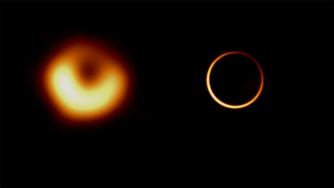 Zwei nebeneinander liegende Bilder des supermassereichen Schwarzen Lochs in der Galaxie M87, beide vom Event Horizon Telescope EHT aufgenommen.  Das linke Bild sieht aus wie ein leuchtender verschwommener Donut.  Rechts ist ein neueres Bild, das ein kreisförmiges Merkmal der Emission des Schwarzen Lochs isoliert und einem dünnen Ring ähnelt.
