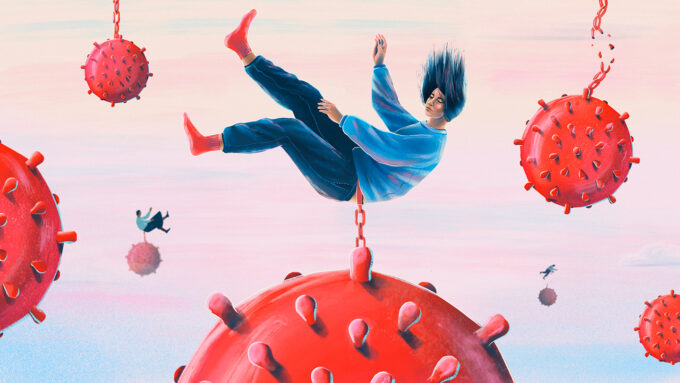 an illustration showing a woman falling. She is chained to a huge spikey red COVID-19 virus. Other viruses around her are also chained to falling people.