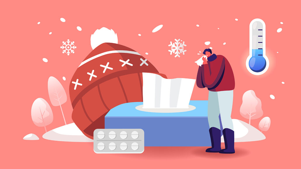 An illustration of a man blowing his nose on a pink background with a giant box of tissues, red ski cap, and pills in the middle ground.