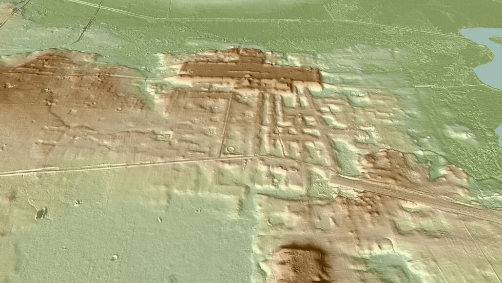 the Maya site Aguada Fénix as mapped by lasers, showing a rectangular ceremonial site oriented toward sunrise, surrounded by other structures and faint markings that may be roads
